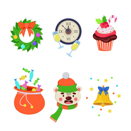 Christmas ornaments icon set. Clock with flutes of champagne, decorative wreath, teddy bear, bell and bag with candies illustrations in cartoon style. Holiday conceptのイラスト素材