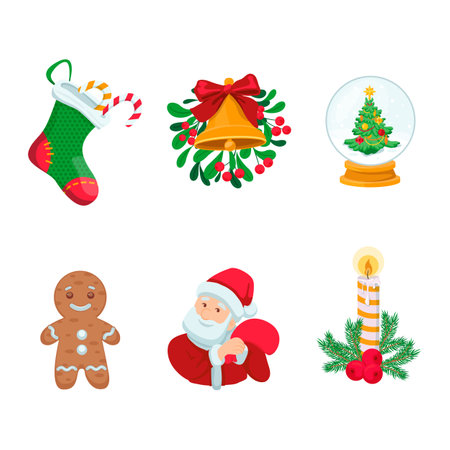 Cartoon vector set of Christmas icons. Stocking with candy cane, Christmas tree, bell, Santa Clause, candle illustrations in cartoon style. Holiday, decoration, celebration conceptのイラスト素材