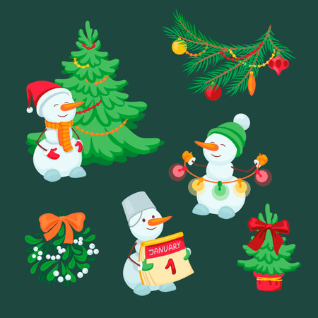 New Year icon set with showman, Christmas tree and decorations. Vector illustrations on green background. Holiday, celebration, part conceptのイラスト素材
