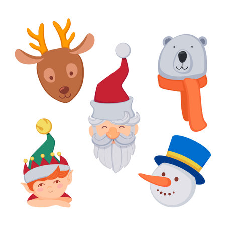 Santa Claus with animal friends icons set. Santa Claus, elf in hat, snowman, reindeer, white bear in scarf illustrations in cartoon style. Holiday, winter conceptのイラスト素材