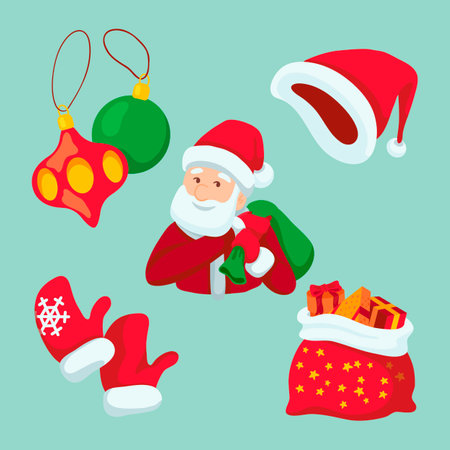 Merry Christmas designs with Santa Claus icons set. Santa Claus hat, mittens, Christmas baubles, sack with gifts illustrations in cartoon style. Holiday, celebration, party conceptのイラスト素材