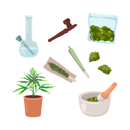 Marijuana plant and smoking weed equipment. Bong, marijuana, pipe and cannabis substance. Flat icon set isolated on whiteのイラスト素材