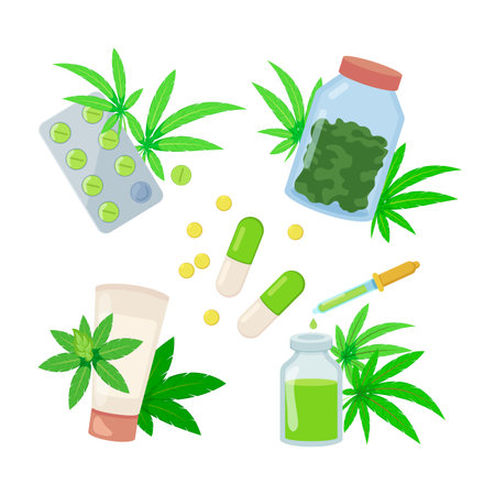 Medical cannabis vector icon set. Flat illustrations of cosmetic cream, pills, medicine, oil extract. Daring experimentation conceptのイラスト素材