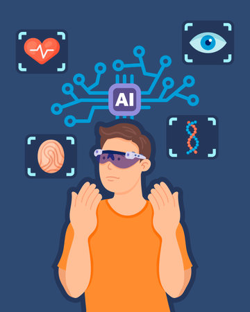 Man wearing VR glasses vector illustration. Use of artificial intelligence in health care, science, identification spheres, neural network connection. AI tecnology, virtual reality conceptのイラスト素材