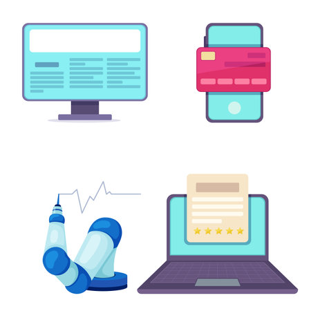Modern technology vector icon set. Computer monitor, smartphone with credit card, laptop with review app, robot manipulator. Industry 4.0, online payment, machine learning conceptのイラスト素材