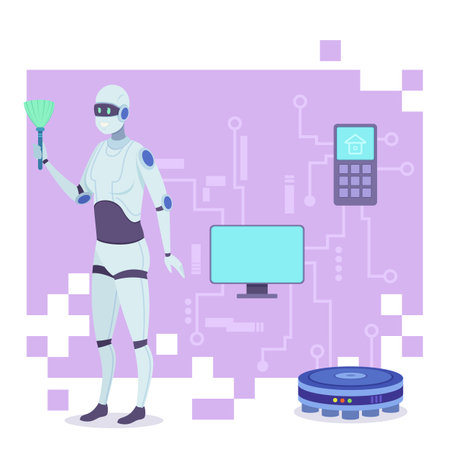 Modern female humanoid helping cleaning house. Vector illustration. Smart home, robot assistant, robot vacuum cleaner. Machine learning, IoT, modern technology conceptのイラスト素材