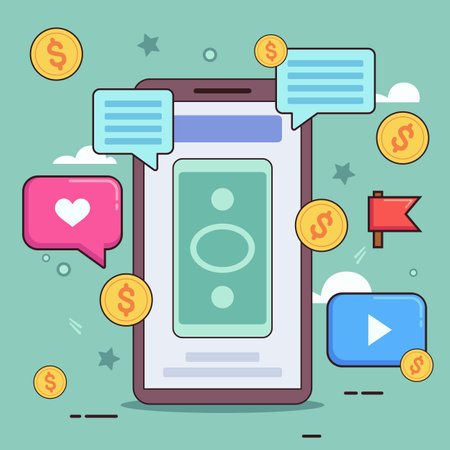 Smart phone with social media icons and money. Vector illustration of social media interaction with payment system. Online payment, modern technology, electronic money conceptのイラスト素材