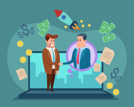 Two business men arranging meeting online. Big laptop, partners shaking hands, discussing startup project and profit. Online business dating, modern technology conceptのイラスト素材