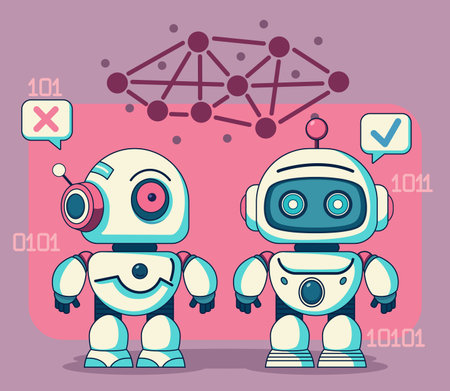 Two little android robots flat vector illustration. Symbols of binary system, neural networks. Machine learning, artificial intelligence conceptのイラスト素材