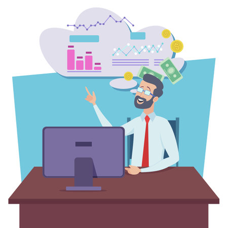 Businessman in office thinking about profit and business growth. Business diagrams, analytics, money in speech bubble. Vector illustration. Finance, business conceptのイラスト素材