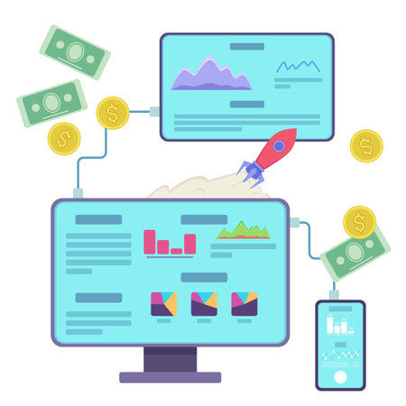 Modern devices for business vector illustration. Rocket as startup project symbol, computer, table and smartphone with diagrams, money. Business and finance conceptのイラスト素材