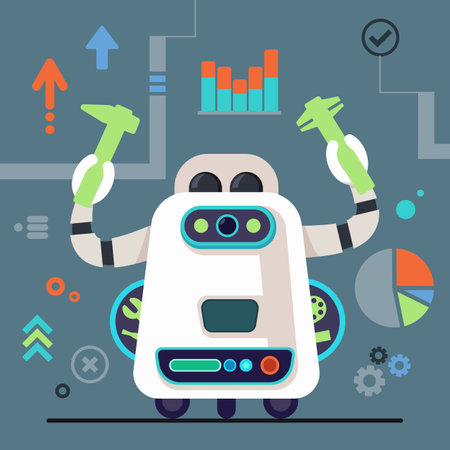 Industrial robot with tools vector illustration, gear wheels and diagrams on background. Modern technology in production, industry 4.0 conceptのイラスト素材