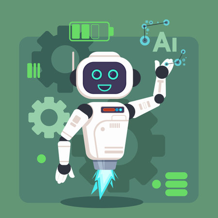 Computerized robot flat vector illustration. Gears, loading bars on background. Artificial intelligence and modern technology conceptのイラスト素材