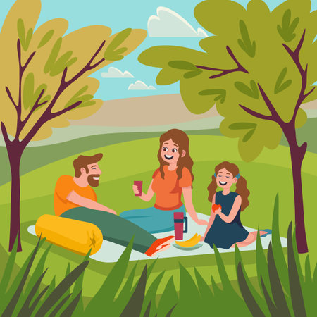 Family having picnic outdoors. Vector illustration. Cartoon characters of man, woman and girl spending time together. Family, nature conceptのイラスト素材