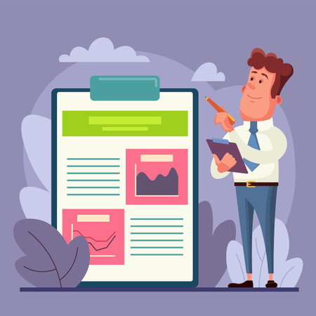 Businessman near huge clipboard with project document. Man with pen pointing at business plan vector illustration. Startup, business strategy conceptのイラスト素材