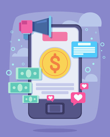 Huge smartphone with dollar symbol vector illustration. Megaphone, cash money, message, Like icons. Online payment, mobile app for payment conceptのイラスト素材