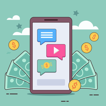 Huge mobile phone with text messages vector illustration. Money banknotes and coins on background. Mobile app, online payment, monetization conceptのイラスト素材