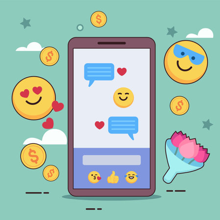 Huge smartphone with emoticons, text message and money icons. Flat vector illustration. Social media, social networking, mobile app conceptのイラスト素材