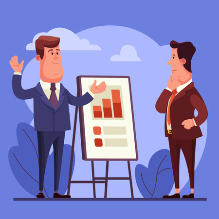 Businessman in suit near flipchart giving presentation to his partner. Vector illustration. Business meeting, partnership, project conceptのイラスト素材