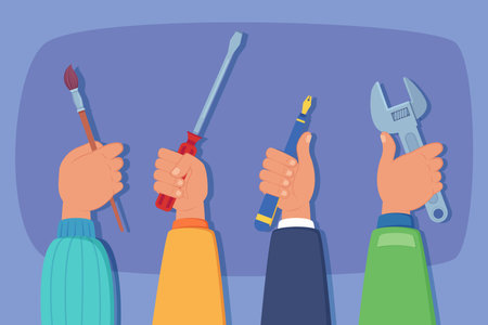 Hands holding different tools: brush, fountain pen, screwdriver, wrench. Vector illustration. Collaboration of professionals, working together, occupation conceptのイラスト素材