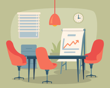 Interior of conference room for business meetings. Vector illustration. Desk, chairs, filchart. Office design conceptのイラスト素材