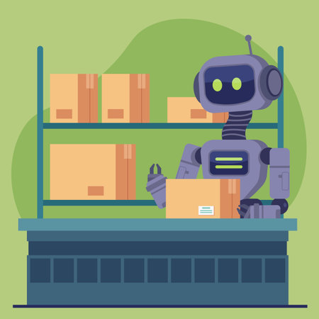 Humanoid robot handing out orders in carton boxes in distribution center. Vector illustration. Artificial intelligence, modern technology conceptのイラスト素材