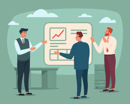 Three businessmen in front of financial diagram discussing business plan. Vector illustration. Company meeting, teamwork, partnership conceptのイラスト素材
