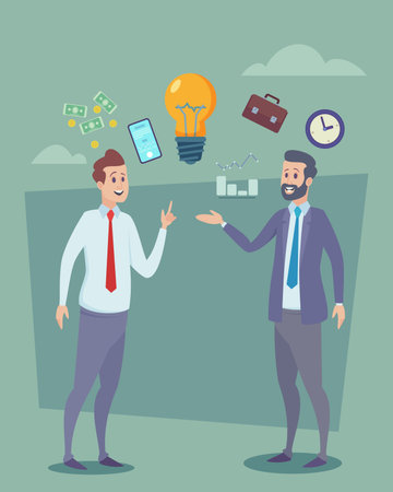 Two businessmen in formal wear discussing business idea at meeting. Vector illustration. Light bulb as new idea symbol, clock, smartphone, money, briefcase on background. Startup, business conceptのイラスト素材