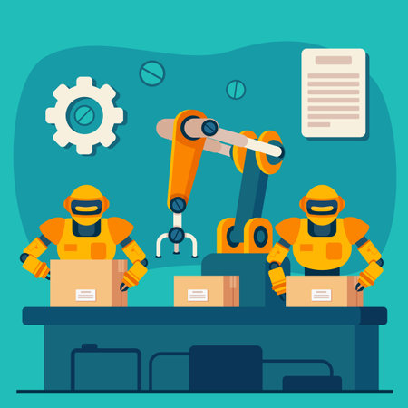 Humanoid robots and manipulator arm working at assembly line. Vector illustration. Robots packing goods, loading online orders in warehouse. Automation stock, supply chain, modern technology conceptのイラスト素材