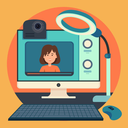 Computer with webcamera and lamp for vlogging. Vector illustration. Girl filming short videos to post in her vlog. Vlogger workplace conceptのイラスト素材