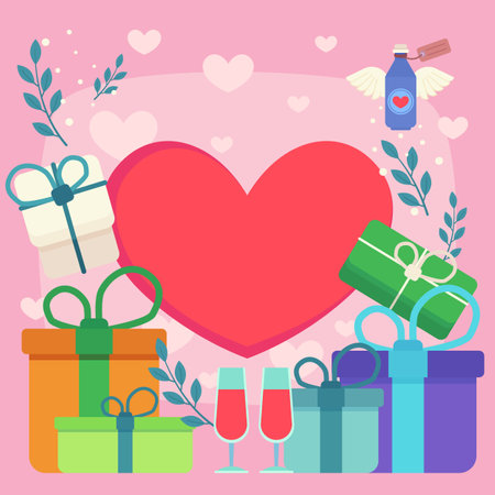 Valentines Day poster design. Vector illustration of big heart with copy space for writing love confession, present boxes and glasses with wine. Love, romance conceptのイラスト素材