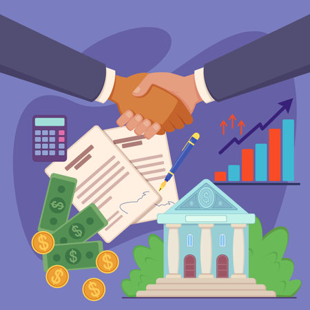 Handshake as symbol of partnership vector illustration. Bank, money, contracts and business diagrams on background. Business, partners, finance conceptのイラスト素材