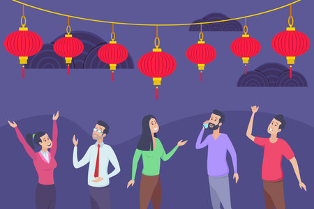 People celebrating Chinese Lantern Festival vector illustration. Traditional red paper lanterns on violet background. Celebration, culture and traditions conceptのイラスト素材