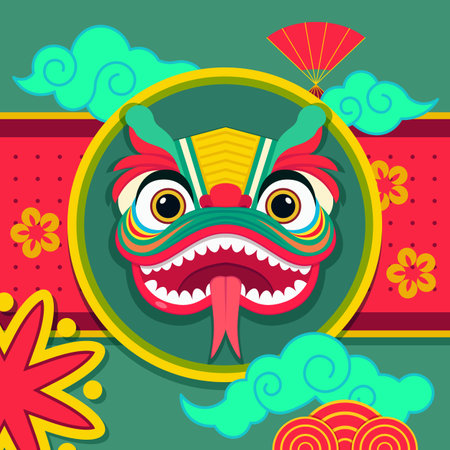 Dragon animal as Chinese New year symbol. Banner design in cartoon style with Chinese paper fan, clouds. Lunar New Year conceptのイラスト素材
