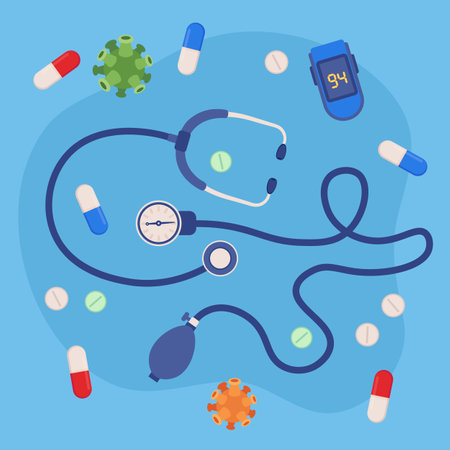 Medical equipment and medicine vector illustration. Stethoscope, pulse oximeter, pills and coronavirus. Medicine, hospital conceptのイラスト素材