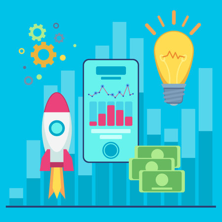 Startup business concept. Vector illustration of smartphone with diagrams. Rocket, lightbulb, gear wheels and money.のイラスト素材