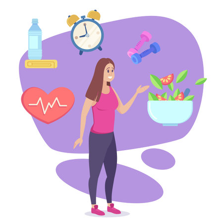 Slim woman doing sport, keeping diet, sports and sleeping regime vector illustration. Dumbbells, healthy food, clock, bottle of water, heart rate. Proper nutrition, exercises, health, weight loss conceptのイラスト素材