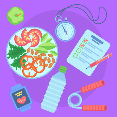 Vector illustration of healthy food in plate, apple, bottle of water, stop watch, heart rate monitor watches, checklist with pen on bright purple background. Top view. Sport, fitness, healthy eating conceptのイラスト素材