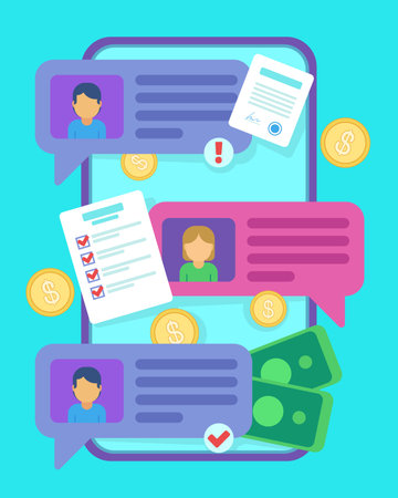 Huge smartphone with instant messenger apps vector illustration. Checklist, check marks, message bubbles, money on background. Using mobile phones, communication with clients, making profit conceptのイラスト素材