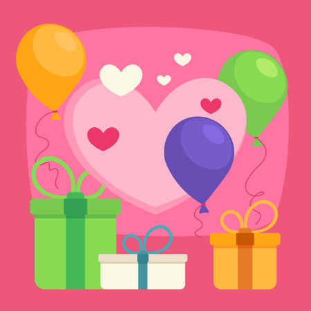 Gift boxes and balloons vector illustration with big pink heart on background. St Valentines Day banner design. Love, romance, celebration conceptのイラスト素材