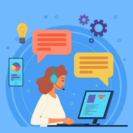 Female support specialist in headphones working on computer flat vector illustration. Smartphone, lightbulb and message bubbles on background. Support service, occupation, assistance conceptのイラスト素材