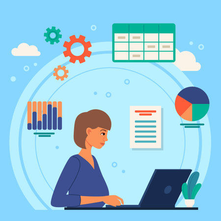 Concentrated businesswoman working on laptop flat vector illustration. Calendar, graphs, diagrams, contracts on background. Business analysis, occupation, work conceptのイラスト素材