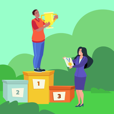 African American sportsman with gold championship cup on winner podium vector illustration. Female judge presenting gold medal to sportsman. Competition, success, sport, victory conceptのイラスト素材