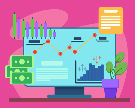 Desktop computer with different diagrams and graphs vector illustration. Increasing and decreasing charts with economic indicators, green banknotes. Business analysis, finance conceptのイラスト素材