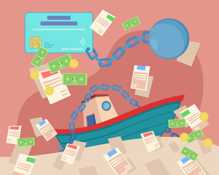 Ship sinking in sea of debts and credit agreements. Metaphor concept. Credit card with wrecking ball. Vector illustration. Crisis, finance, money, bankingのイラスト素材