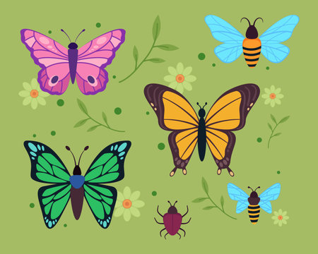 Colorful butterflies and insects vector illustration isolated on green grassy background. Bug, bees, flowers and leaves. Summer, nature conceptのイラスト素材