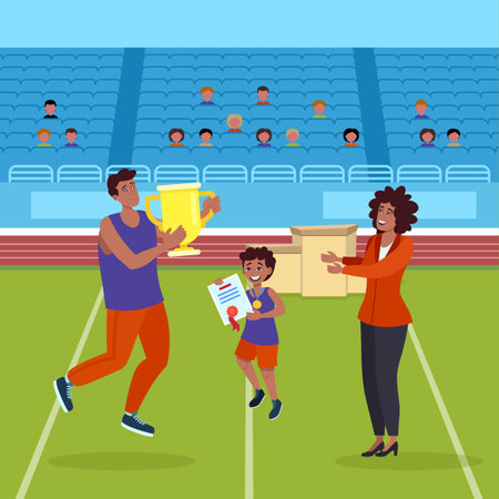 Father and son in sportswear celebrating triumph in competition. Vector illustration. Man with champion cup, boy with gold medal and certificate. Woman congratulating them. Sport, awards conceptのイラスト素材