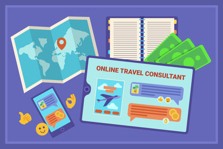 Tablet and smartphone with online travel consultant vector illustration. Map with destination point, notepad, money, emoticons on background. Social media, marketing, travel tips, tourism conceptのイラスト素材