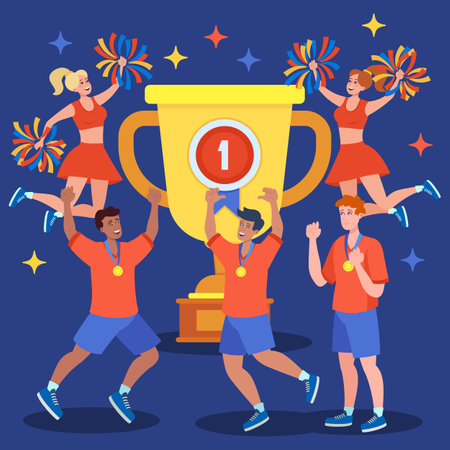 Sport team with gold medals celebrating victory in competition. Vector illustration. Huge champion cup and cheerleaders with pompoms on background. Sport, championship conceptのイラスト素材