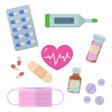 Medical items vector set isolated on white. Thermometer, medical face mask, pills in blister, bottles with medicine, adhesive bandage, heart with pulse. Medicine, treatment conceptのイラスト素材